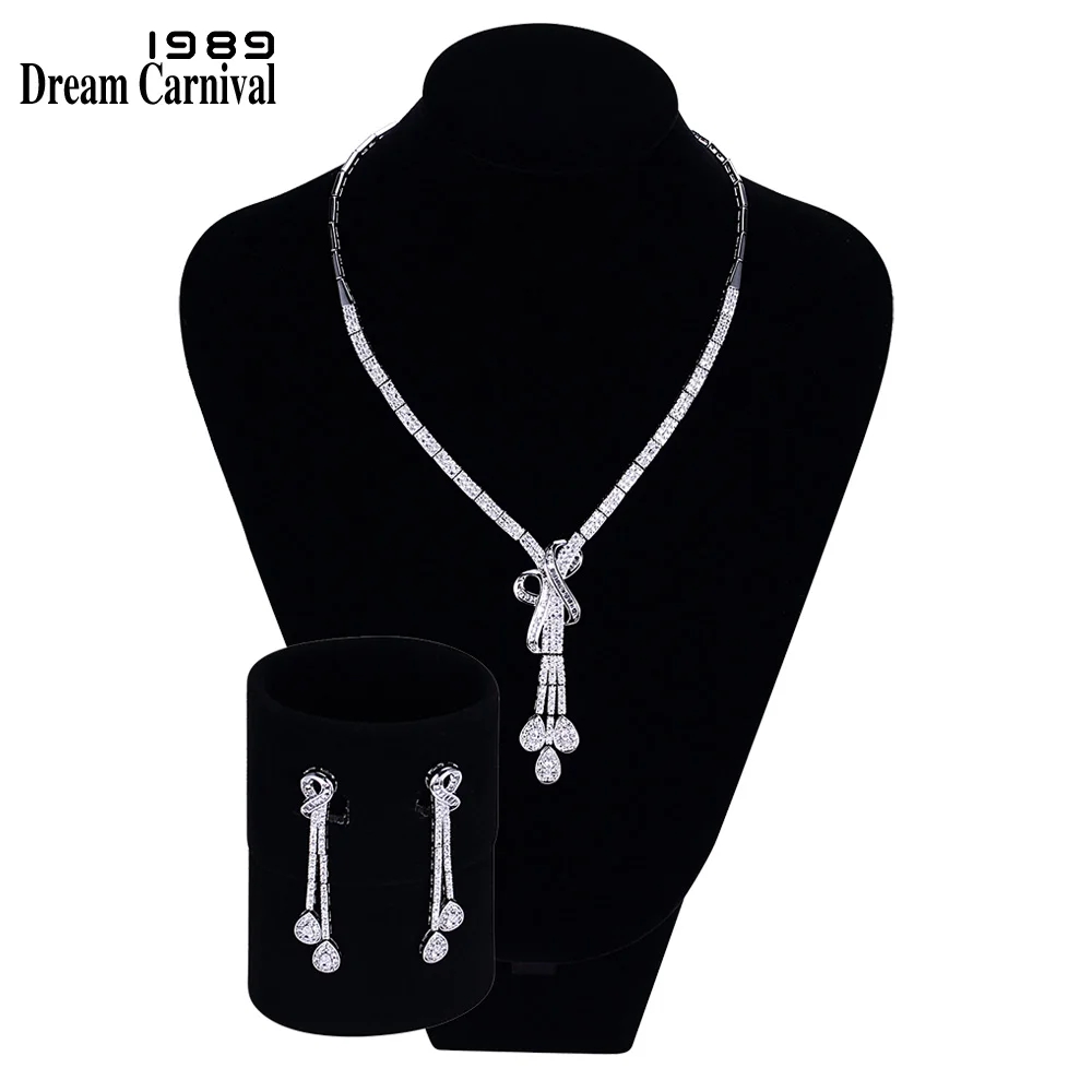 

DreamCarnival 1989 Elegant Best Wedding Necklace and earrings Drop White CZ Rhodium color Bridal Jewelry Sets for Women WN754S2