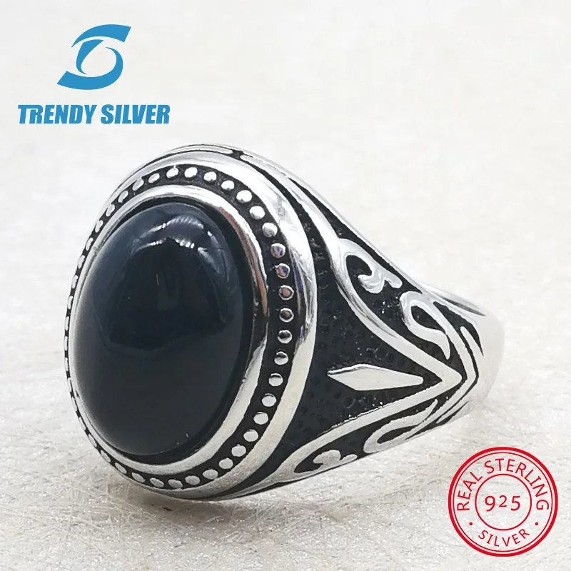 

silver 925 fine jewelry man rings men accessories turquoise gemstone natural onyx green agate wholesale TRENDY SILVER TCR828