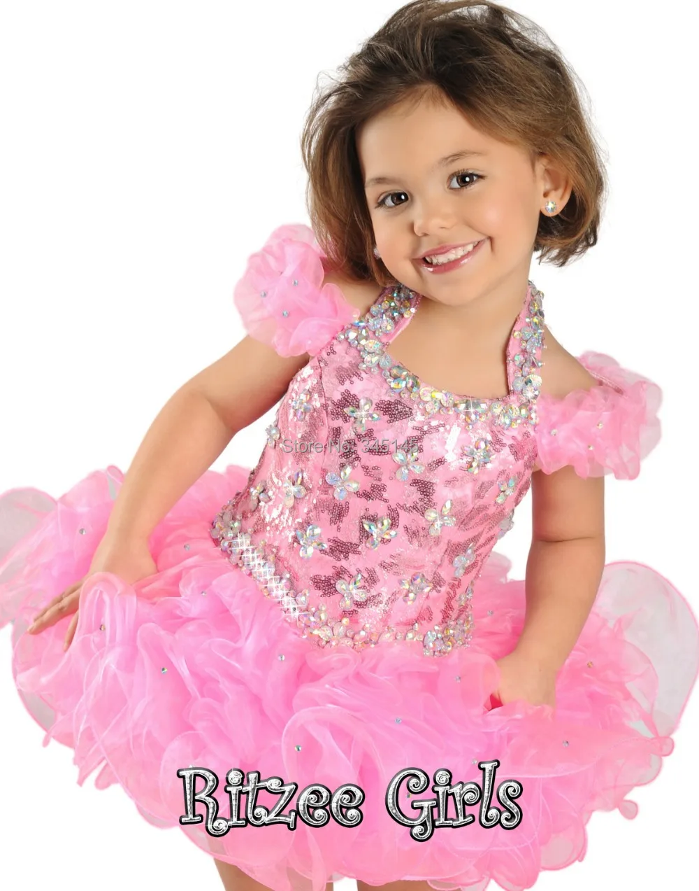 Лучшие продажи! Довольно очаровательный Розовый кристалл холтер бальное платье девушки pageant платья Мини Короткие девушки цветка платья Короткие рукава
