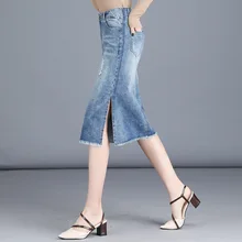 3312 сырая женская джинсовая юбка женская Весна Девушка Лето Новая повседневная Уайлд Высокая талия Сплит сумка бедра юбка длинная секция