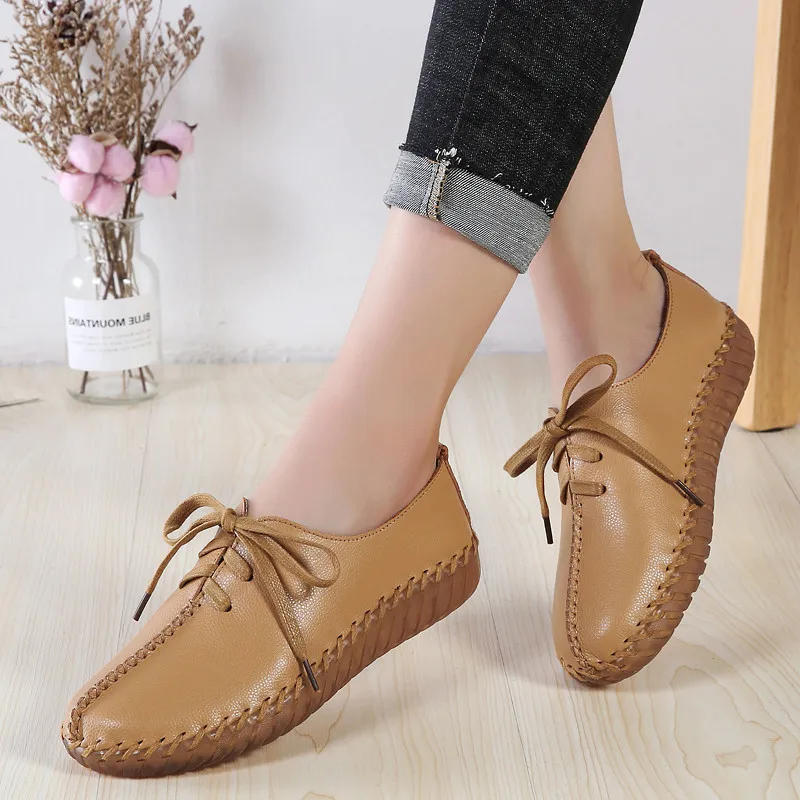 PINSEN Autumn Women Flats Shoes Handmade Genuine Leather Slip-on Shoes Woman Moccasins Ladies Oxfords Ballerina Flats Shoes - Цвет: 051 Autumn Brown