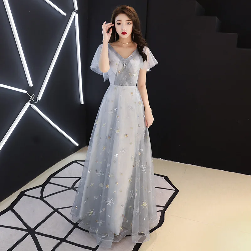 Длинное китайское Восточное Свадебное женское сексуальное вечернее платье Cheongsam элегантное современное банкетное платье знаменитостей с длинным рукавом - Цвет: gray A