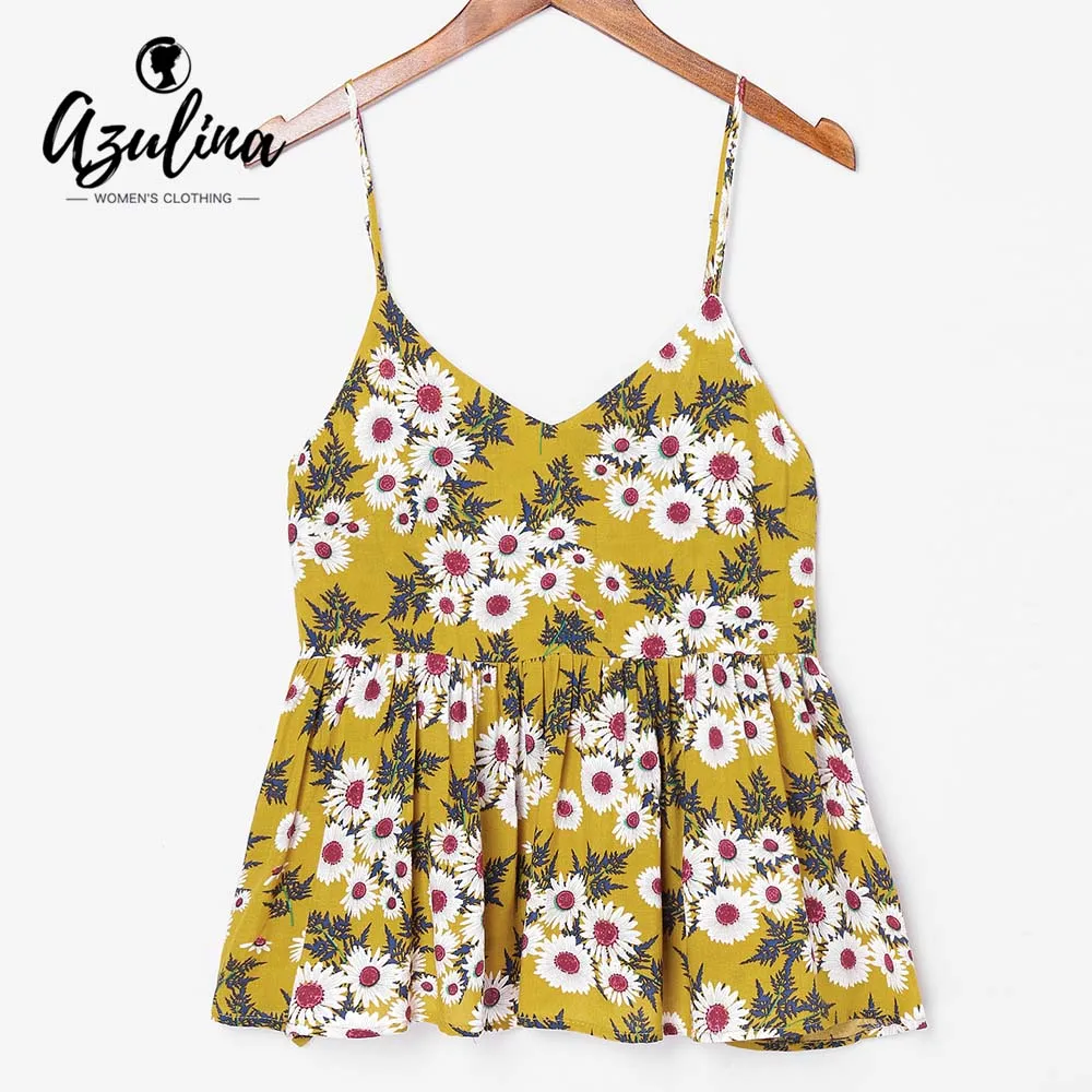 AZULINA Цветочный принт оборками Cami Top Летние Женские Спагетти ремень рукавов