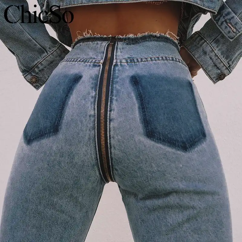 Missychilli Sexy Long Back Zipper Jeans Women Ripped High Waist Jeans