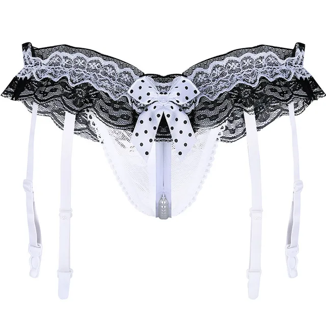 Women Sissy Panties Pearl Chain Ruffle Lace Open Crotch G-string Garter Briefs Women Sissy Panties Pearl Chain Ruffle Lace Open Crotch G-string Garter Briefs