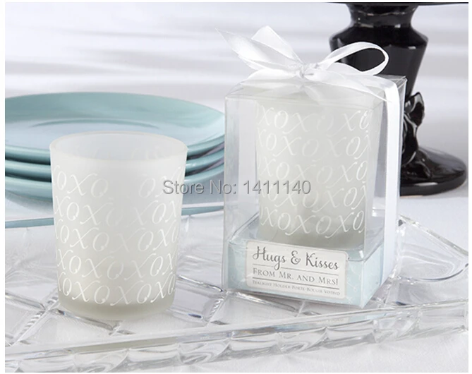 

free shipping "Hugs & Kisses Frosted-Glass Tealight Holder wedding candle romantic favors gifts in event & party supplies