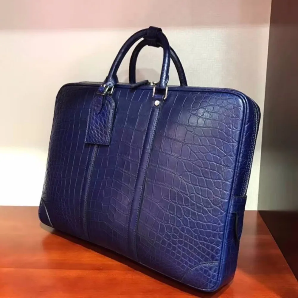 newly production Men's Genuine/Real Crocodile belly Skin Briefcase official Bag, blue Crocodile skin Business Men Bag