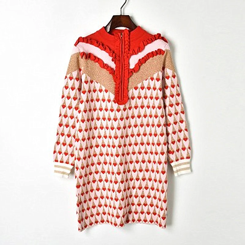 2018 Winter New Hit Color Fungus Half-height Zipper Collar Gold Silk Heart Knit Skirt A Child Dress Female Comfortable Fashion