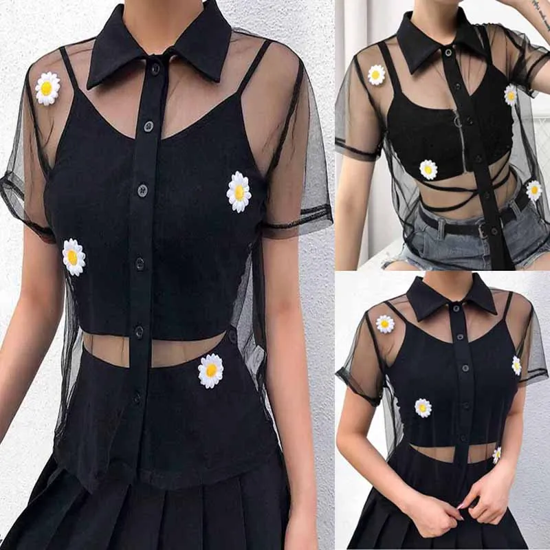 

New Style Women T-Shirts Summer Women's Tulle Short Sleeve T-Shirt Women's Sexy Mesh See Through Print Summer Fashion Hot 2019