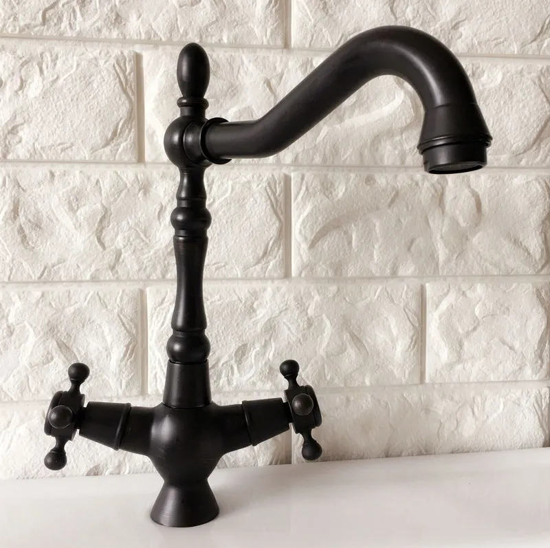 Black Oil Rubbed Brass Dual Cross Handles One Hole Bathroom Kitchen Basin Sink Faucet Mixer Tap Swivel Spout Deck Mounted mnf381