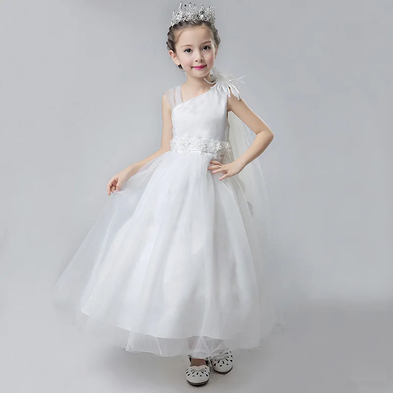 2017 Baby Poem Dress Girls Host Shoulder Beaded Gauze Lace White