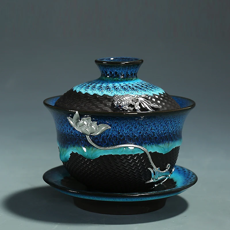 

Creative Colored Glaze Ceramic Gaiwan with Lid Saucer Kit Vintage Drinkware Office Make Tea Black Tea Kettle for Birthday Gifts