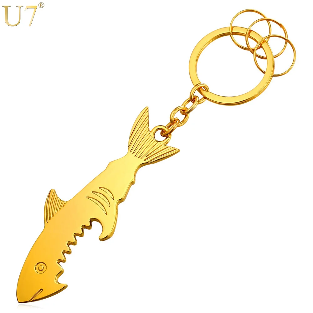 

U7 Hot Gold Color Shark Shape Men Keychain Metal Key Ring Bottle Opener Multifunction Key Holder With Box Gift K013