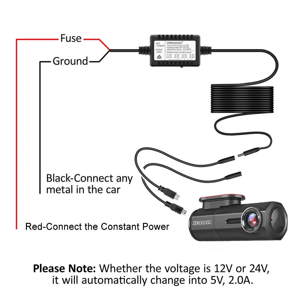 ZEROGOGO жесткий провод комплект DC 12 В 24 В до 5 В 2.0A DVR адаптер питания кабель Мини Micro USB Hardwire комплект для видеорегистратора/Автомобильный видеорегистратор/gps