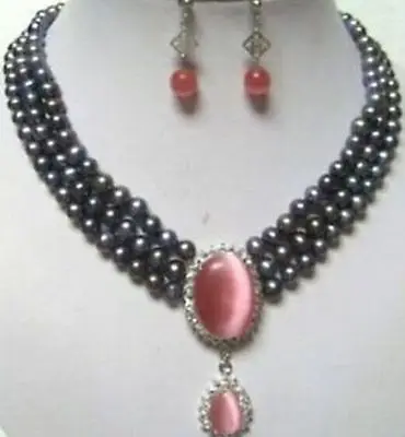 

FREE SHIPPING Oval Red Opal Pendant Black Freshwater Pearl 3 Rows Necklace Earring Set