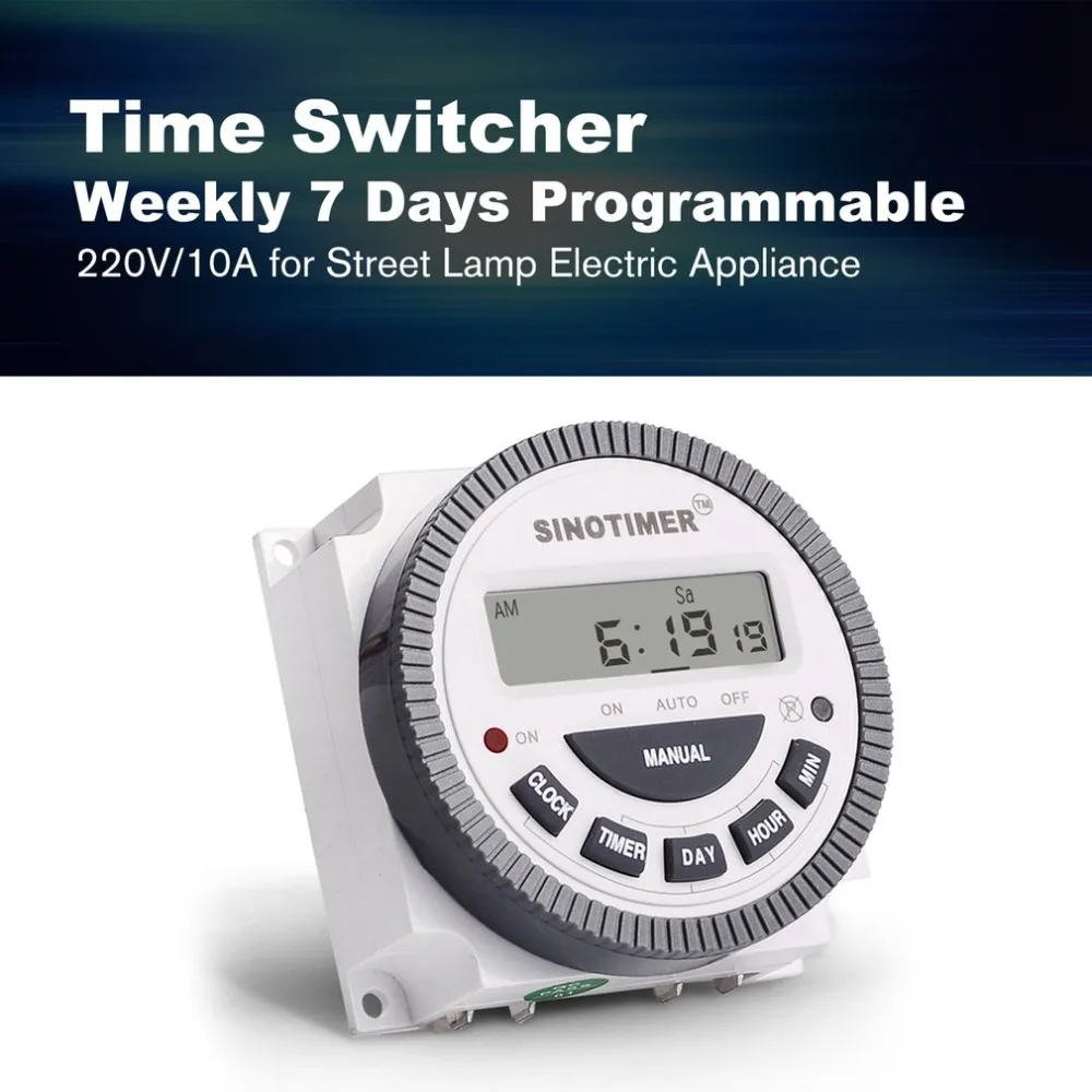 

SINOTIMER 220V 10A Weekly 7 Days Programmable Digital Time Switch Relay Timer Control for Electric Appliance with Alarm Clock