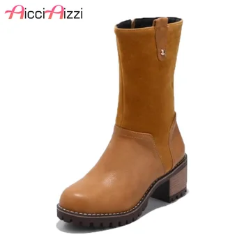 

ZALAVOR Women Mid Calf Boots Platform Fashion Round Toe Shoes Women Winter Warm Concise Thick Heels Lady Boots Size 34-43