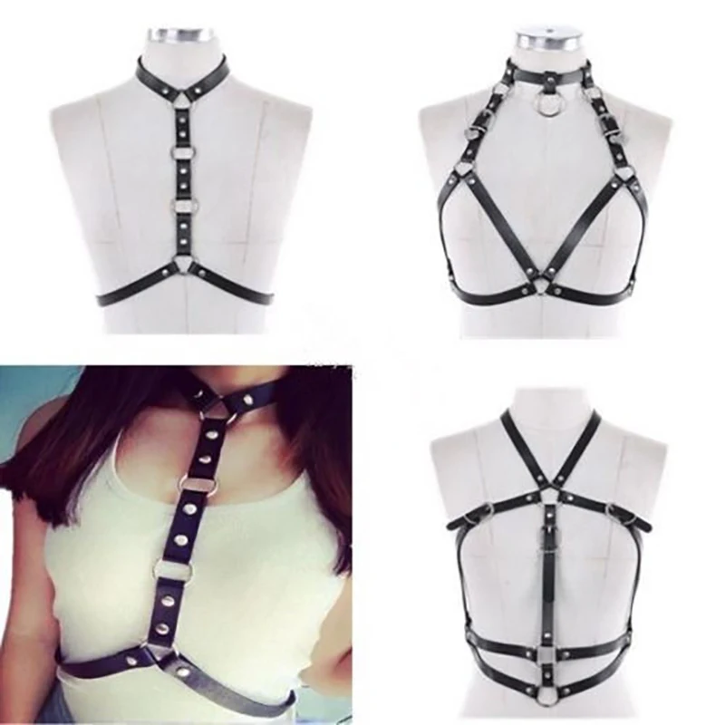 

Pu Leather Harness belt of Women Black Sexy Tops Cage Bra BDSM Bondage Harness Goth Pentagram Full Dance underwear