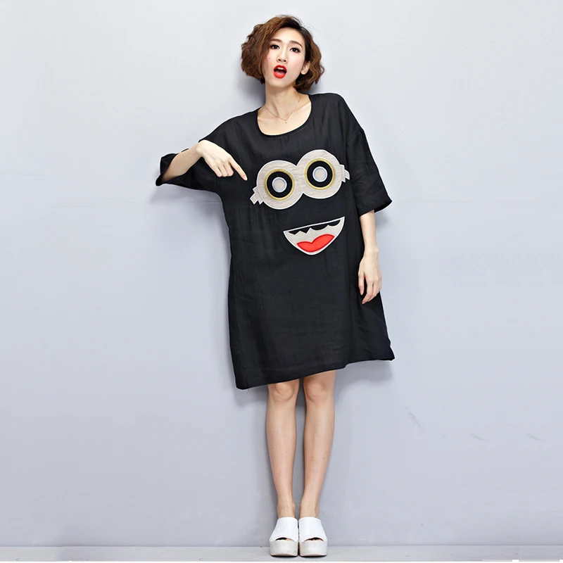 

2018 Large Size Dresses Female Fashion European Style Print Black T-shirt Loose Clothes for Women