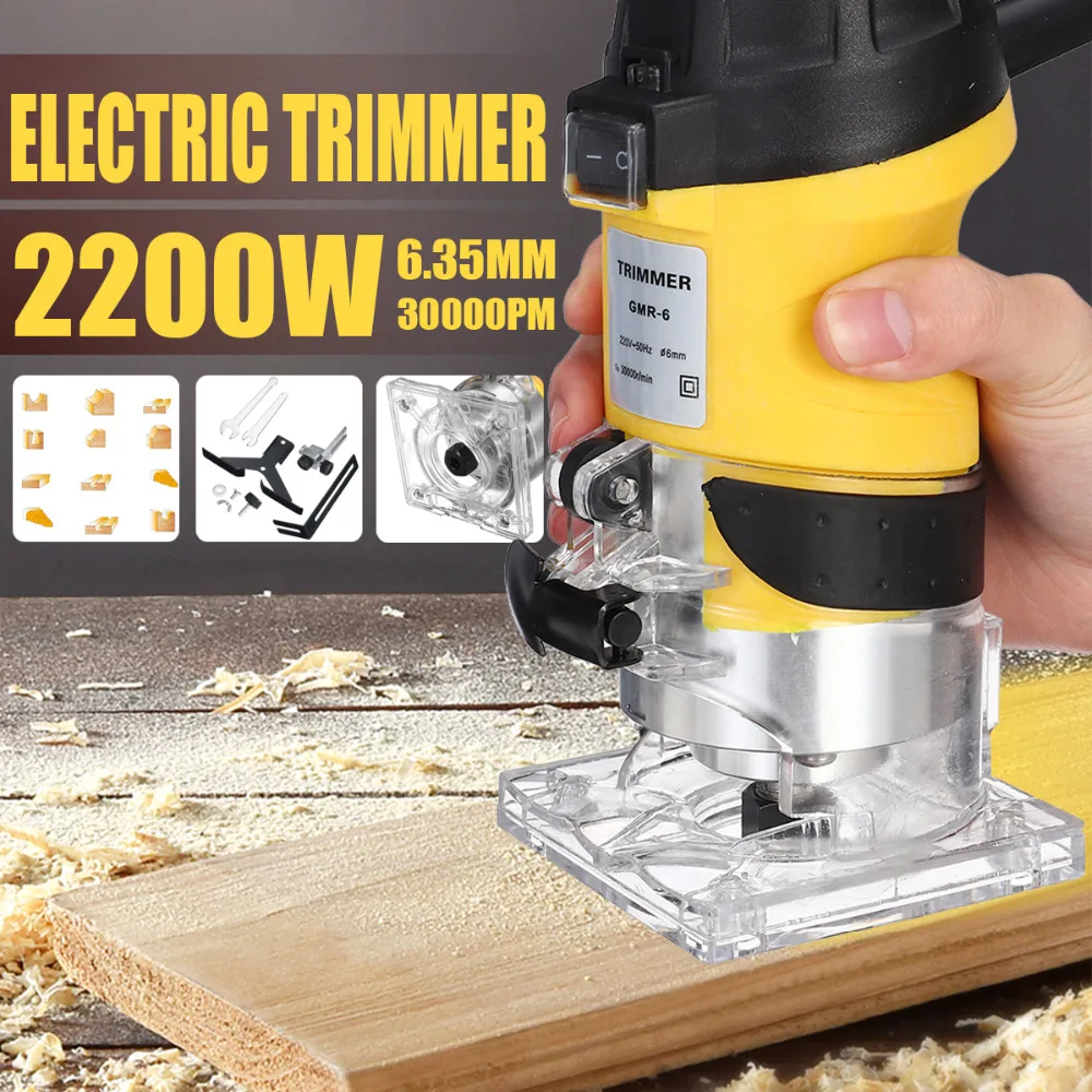 

2200W Electric Hand Trimmer Wood Router 6.35mm Woodworking Laminator Carpentry Trimming Cutting Carving Machine Power Tool Set
