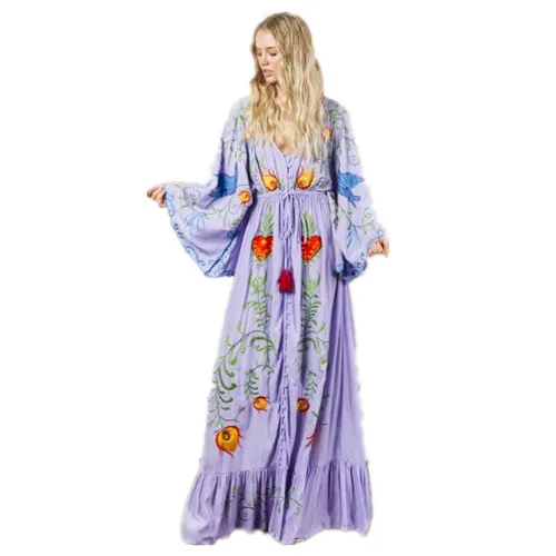 

Retro Robe Femme Ete 2019 Summer Women White Boho Hippie Maxi Long Dress V-Neck Split Vintage Floral Embroidery Beach JC173