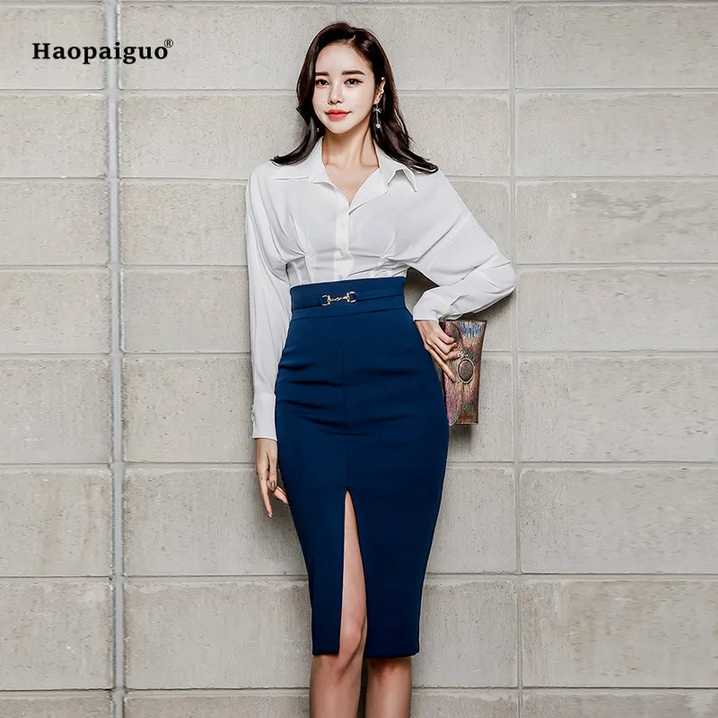 

2 Piece Set Women Autumn Plus Size White Full Sleeve Turn-down Collar Shirt Top and Knee-length Blue Work Club Skirt 2018 Ladies
