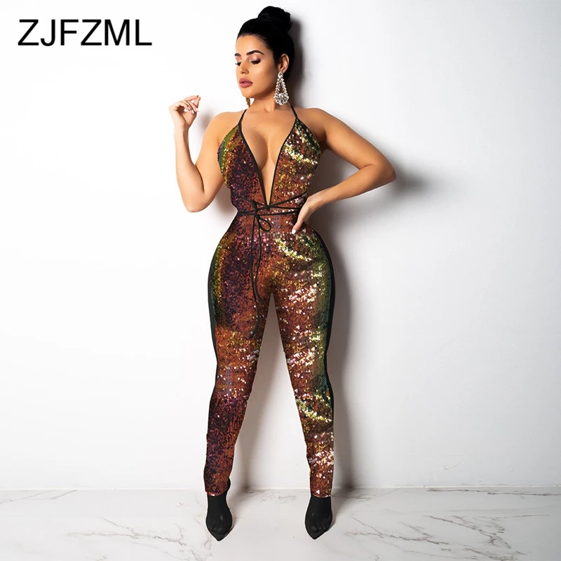 ZJFZML Sleeveless Deep V Neck Shiny Sequins Sexy Club Jumpsuits Autumn Backless Romper Women 2018 New Fashion Bodycon Overalls 