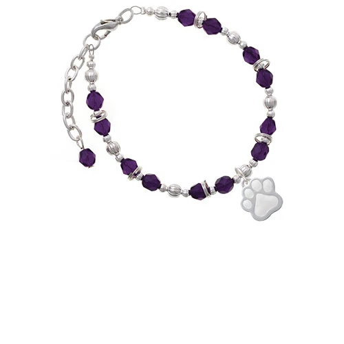 Silvertone Large White Paw Purple Beaded Bracelet