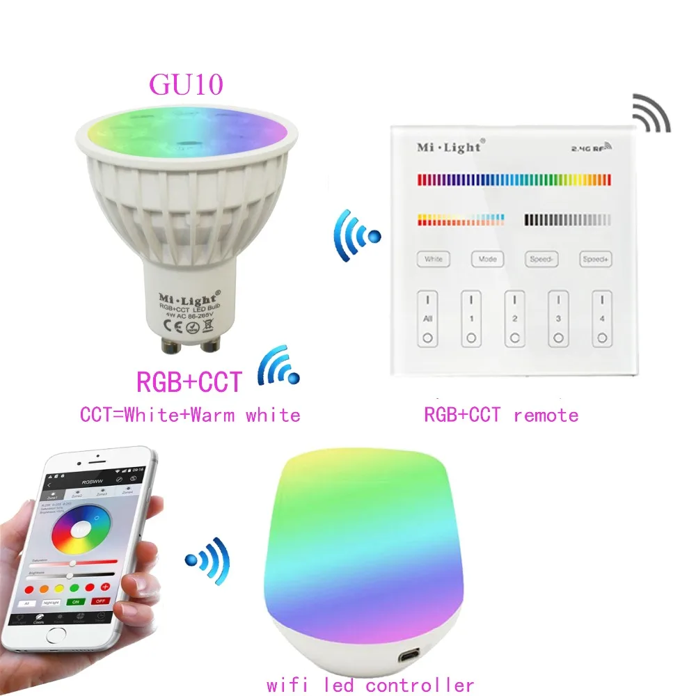 

Mi.light 4W RGB+CCT Led Bulb Spotlight With 16Million Colors+2.4G WIFI Ibox Led Controller+B4/T4 RGB+CCT Remote Controller