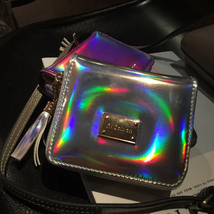 Винтажный супер кожаный кошелек с голограммой, Женская сумочка, маленький клатч с кисточкой, сумка женская, лазерная, серебряная сумка, кошелек для монет