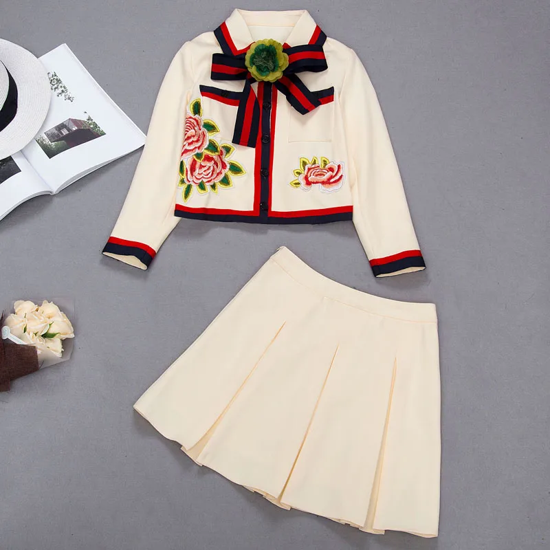

Two-Pieces Set Woman 2017 Spring and Autumn Runway Designer Clothing Floral Embroidery Bow Turn Down Collar Pleated Skirts OM075