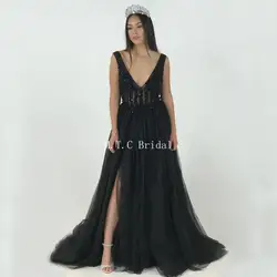 Изготовленное на заказ Черное длинное торжественное вечернее платье с бусинами 2019, v-образный вырез, высокая иллюзия, ТРАПЕЦИЕВИДНОЕ