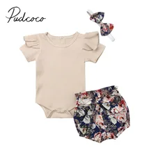 Коллекция года, летняя одежда для малышей топы с цветочным принтом для маленьких девочек, однотонный комбинезон в рубчик, шорты, трусики, повязка на голову, комплекты из 3 предметов