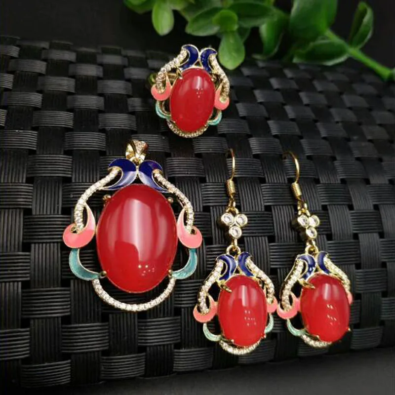 925 серебряные ювелирные изделия из натурального нефрита, ювелирный набор, подарок для женщин, серьги/Кольцо/Подвеска/ожерелье на цепочке - Цвет камня: red