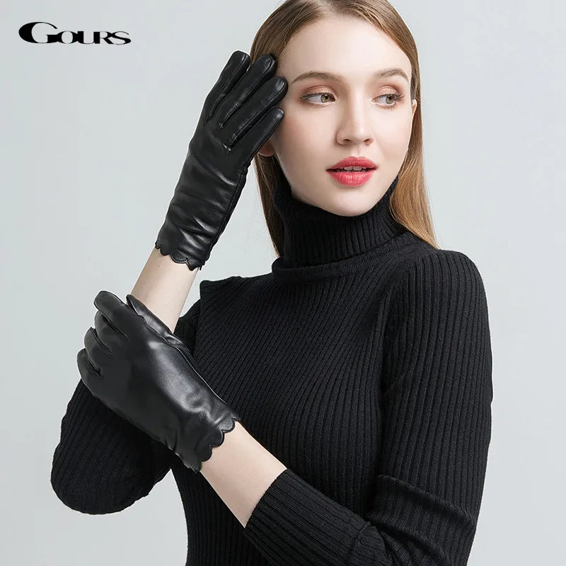 Gours Women's Genuine Leather Gloves Fashion Brand Black Sheepskin Touch Screen Finger Gloves Warm In Winter New Arrival GSL070 Gours Women's Genuine Leather Gloves Fashion Brand Black Sheepskin Touch Screen Finger Gloves Warm In Winter New Arrival GSL070