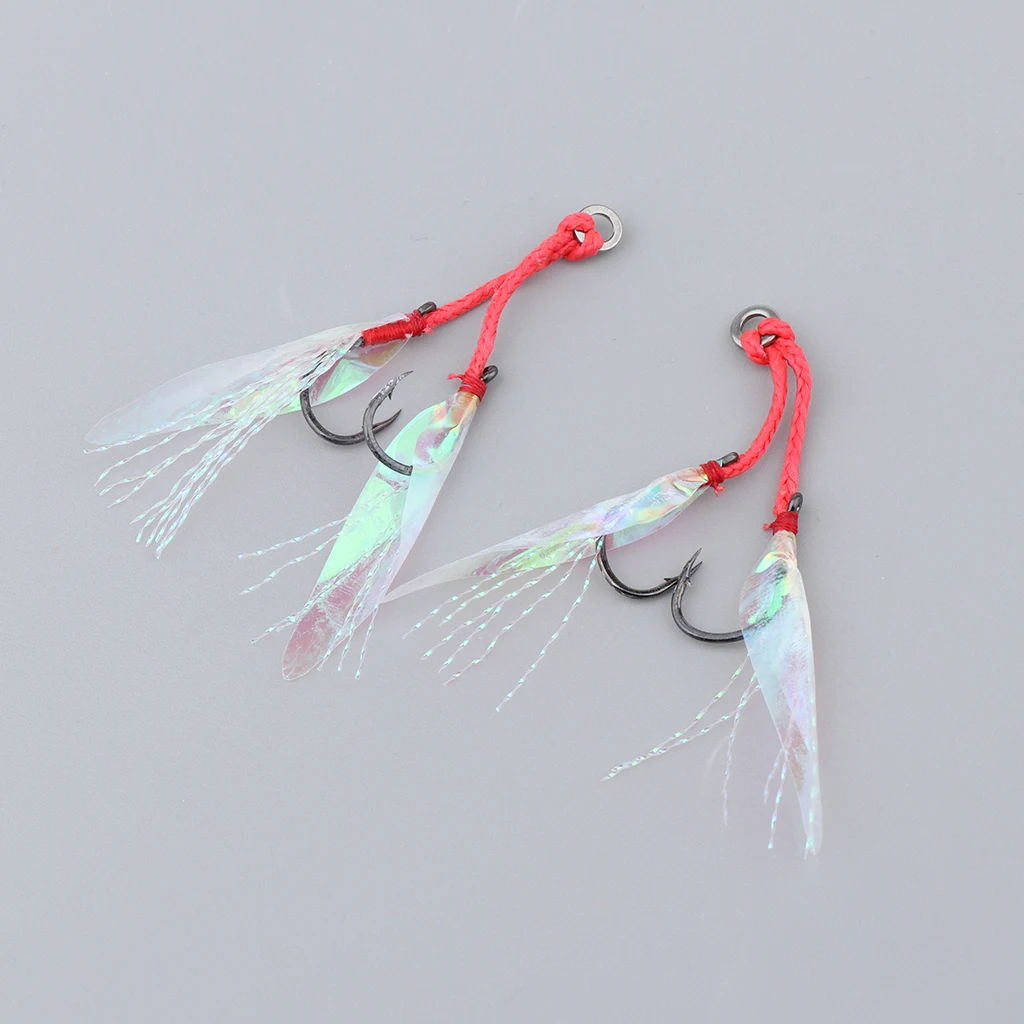 2Pcs Fishing Assist Hooks Double Jig Hooks Thread Feather Pesca Slow Jigging
