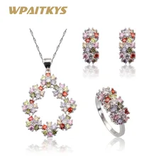 Разноцветный красный фианит серебряный цвет ювелирный набор серьги ожерелье кулон кольцо для женщин Рождественский подарок коробка WPAITKYS