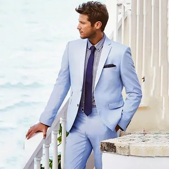 

2019 Light Blue Casual Beach Wedding Suits For Men Custom Groom masculino Man Ternos 2 Pieces Mens Suit With Pants Prom Suit