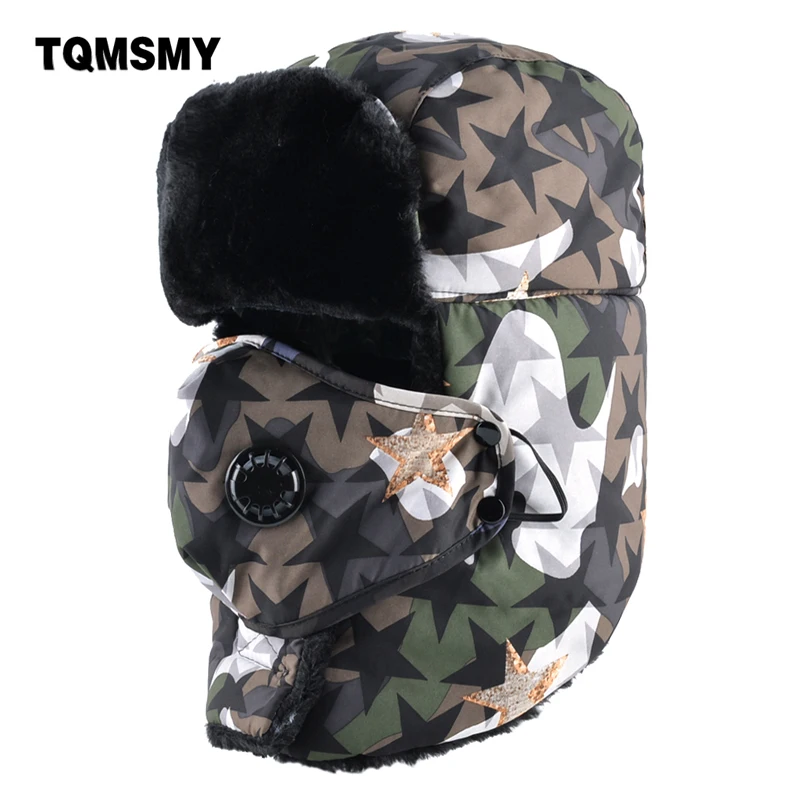 

TQMSMY Camouflage hat men bomber hats winter cap masks thick warm ear flaps bone russian outdoor snow caps man gorros