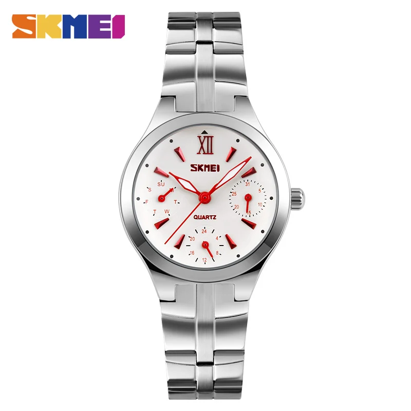 SKMEI кварцевый женский часы Полный календарь 3bar водонепроницаемый платье часы из нержавеющей стали ремешок женские наручные часы 9132 reloj mujer - Цвет: Red