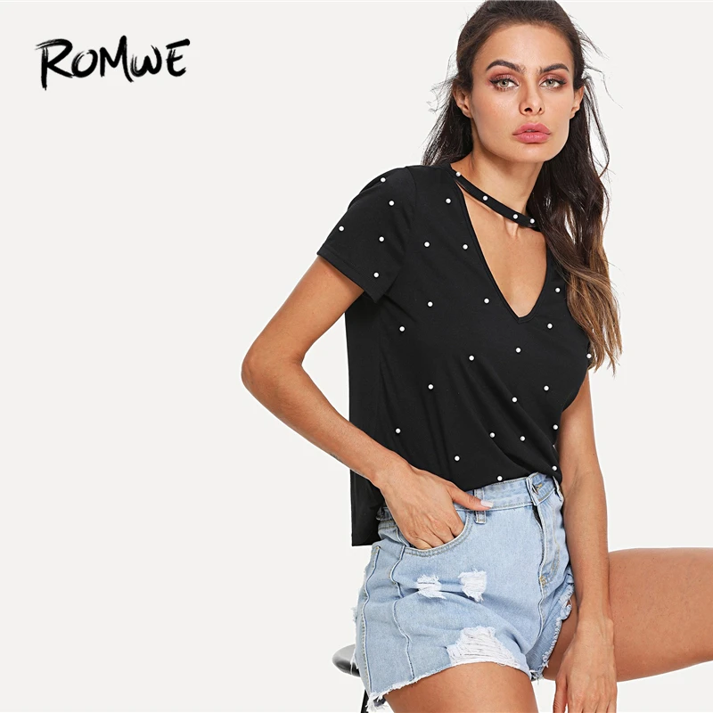 

ROMWE Pearl Beading Choker Neck T-Shirt 2019 Stylish Glamorous Women Black T Shirt Female Basic Summer Short Sleeve T Shirt