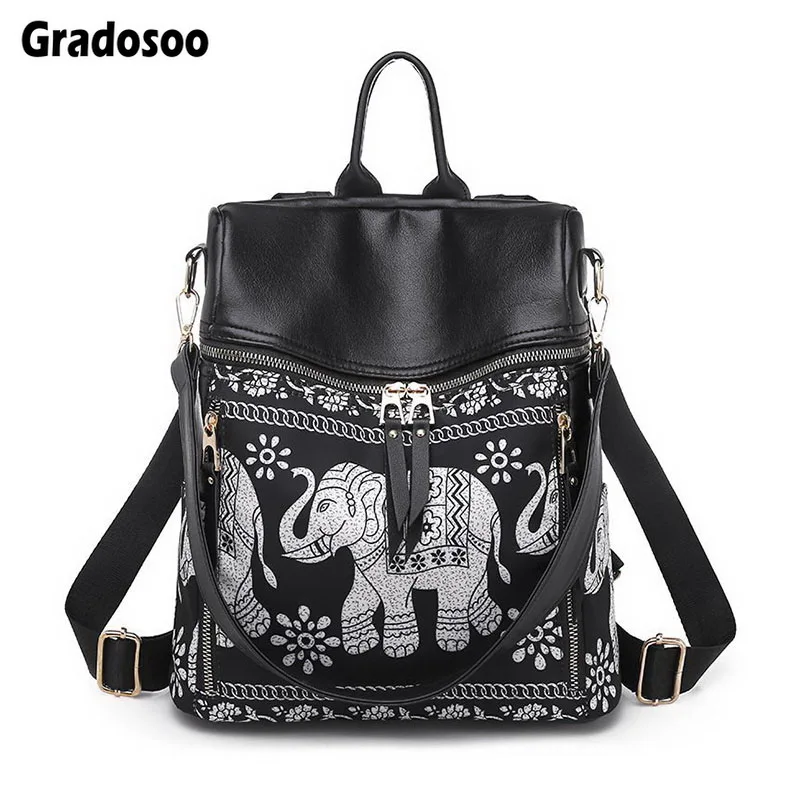 

Gradosoo Elephant Pattern Backpack Women PU Leather Backpack Schoolbag Female Panelled Shoulder Bag Multifunction Handbag LBF595