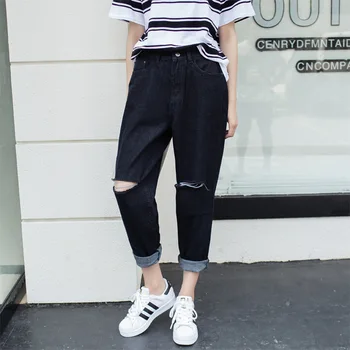 

Crooped Knee Hole Loose Boyfriend Jeans For Women High Waist Wide Leg Denim Pants Retro Jeans Woman Casual Harem Pants Jeans