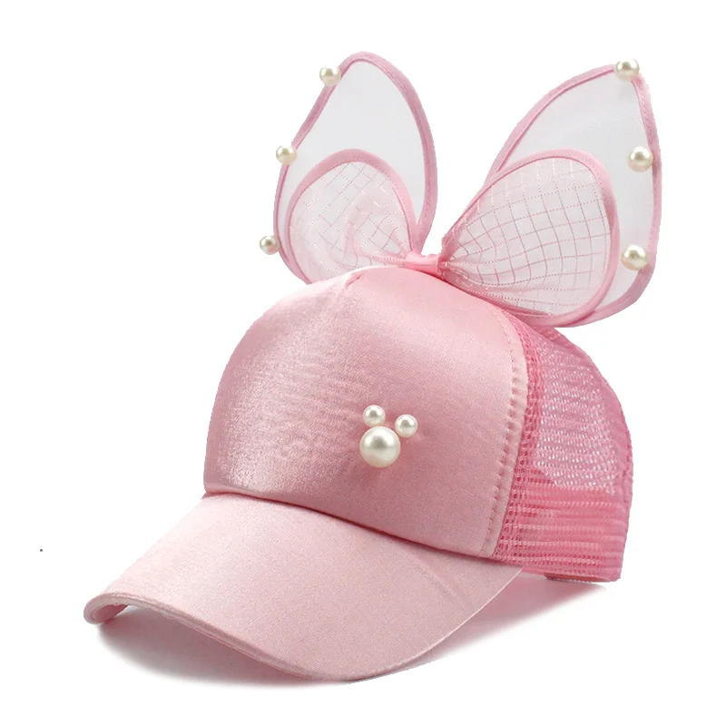 Модная летняя детская бейсбольная кепка с большим бантом и цветочными ушками черного, белого и розового цветов с жемчужинами, Детские Солнцезащитные кепки, сетчатая Кепка принцессы - Цвет: Pink
