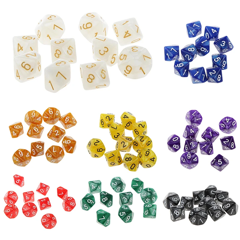 Mayitr Transparent 10Pcs D10 Ten Sided Pearl Gemmed Dices Die (0-9) forRPG For DDG Set of 10 Dice Playing Games