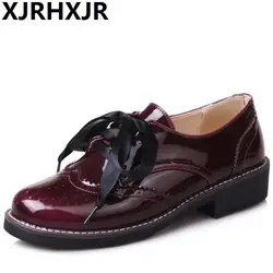 XJRHXJR Марка плюс размеры 33–42 Для женщин Насосы Мода Pateng кожи на шнуровке женские на низком каблуке офисные женские туфли винного цвета
