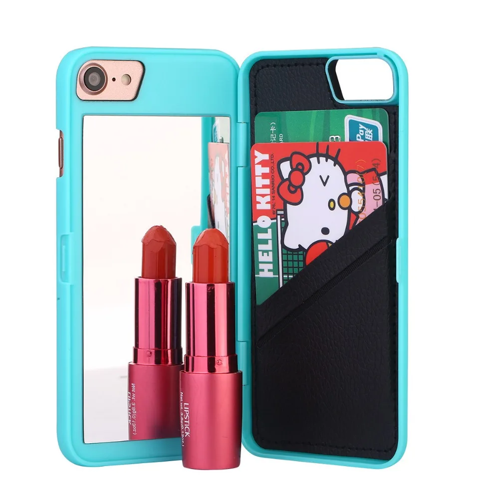 

Cosmetic Mirror Women Pure Credit Holder Function Foldable Flip Phone Case for iphone 6S 7 7 Plus 5 5S SE Dressing Girls Capa