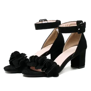 

A2-9 Size 33-43 Woman Flock Ankle Strap Sandals Women Flock Cover Heels Shoes Ladies Elegant Flower Shoe Female Plus Size Shoe