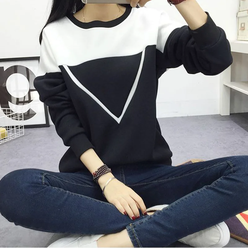 

Black and White Patchwork Pullover Winter Women New Fashion V Pattern printed Pullover Sweatshirt Causal Hoodies Pullover