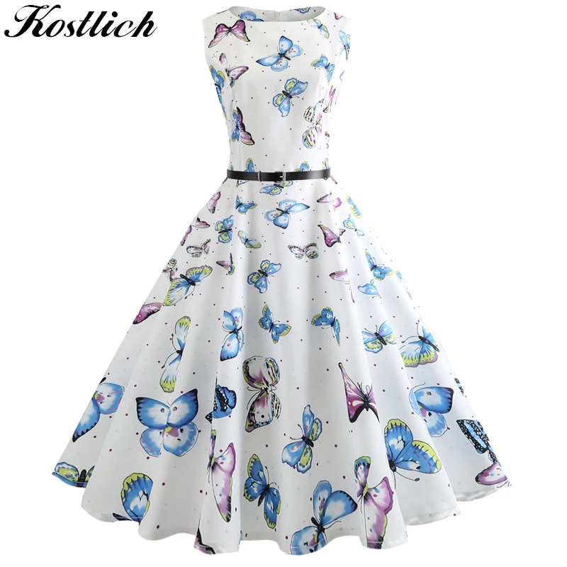

Kostlich Women O-Neck Hepburn Vintage Dress Butterfly Printed Big Swing Dress Summer Casual Ladies Dresses With Sashes Plus Size